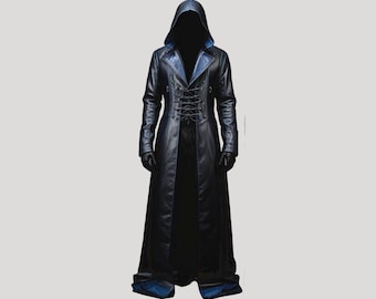 Premium Leather Black And Blue Coat - Handmade Men Long Trench Coat - Gothic Leather Hooded Coat - Men Halloween Costume - Gift For Him