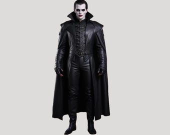 Real Leather Men Vampire Coat - Handmade Black Halloween Costume - Genuine Leather Gothic Coat - Stylish Men Long Coat - Gift For Him