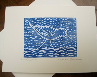 Sandpiper, linocut card, printmaking