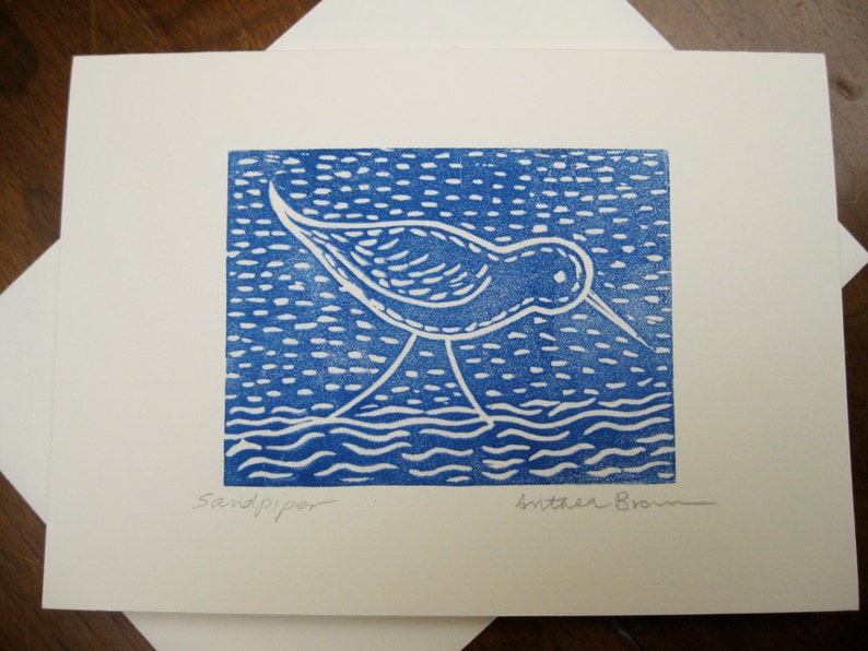 Sandpiper, linocut card, printmaking image 1