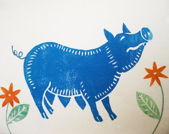 Blue Pig, original linocut and applique card