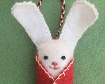 White Bunny handmade felt ornament, soft animal miniature