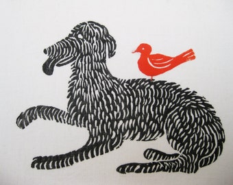 Bird Dog, original linoblock print on linen