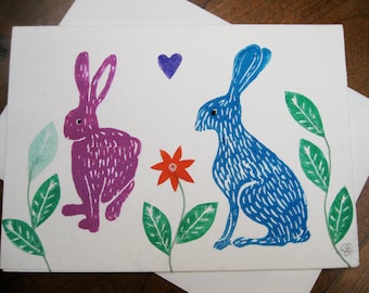 Bunny love, original block printed card