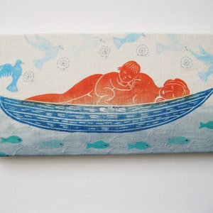 Mother and Baby Floating, original block print on linen canvas image 4