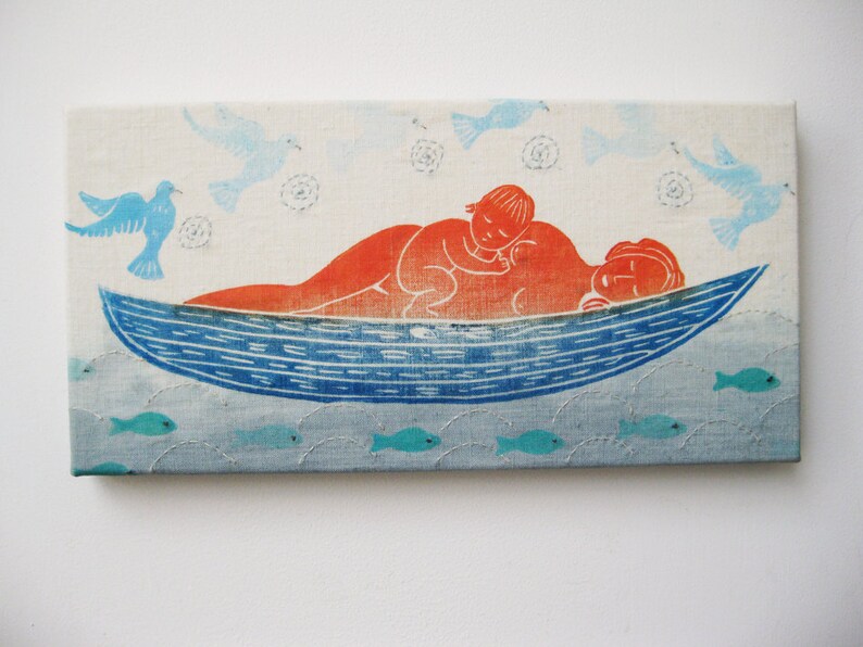 Mother and Baby Floating, original block print on linen canvas image 4