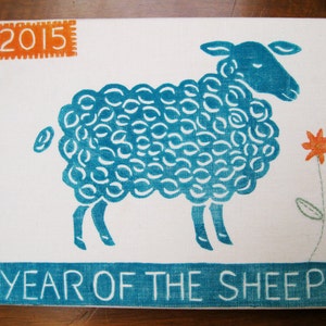 Year of the Sheep, original block print on linen canvas