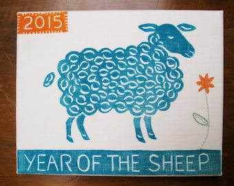 Year of the Sheep, original block print on linen canvas
