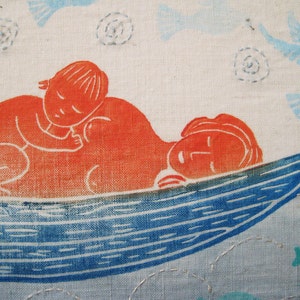 Mother and Baby Floating, original block print on linen canvas image 1
