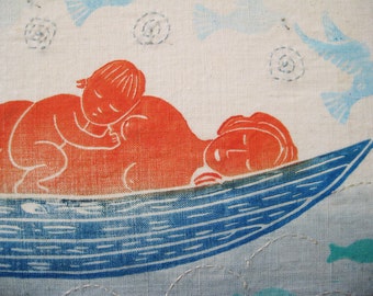 Mother and Baby Floating, original block print on linen canvas