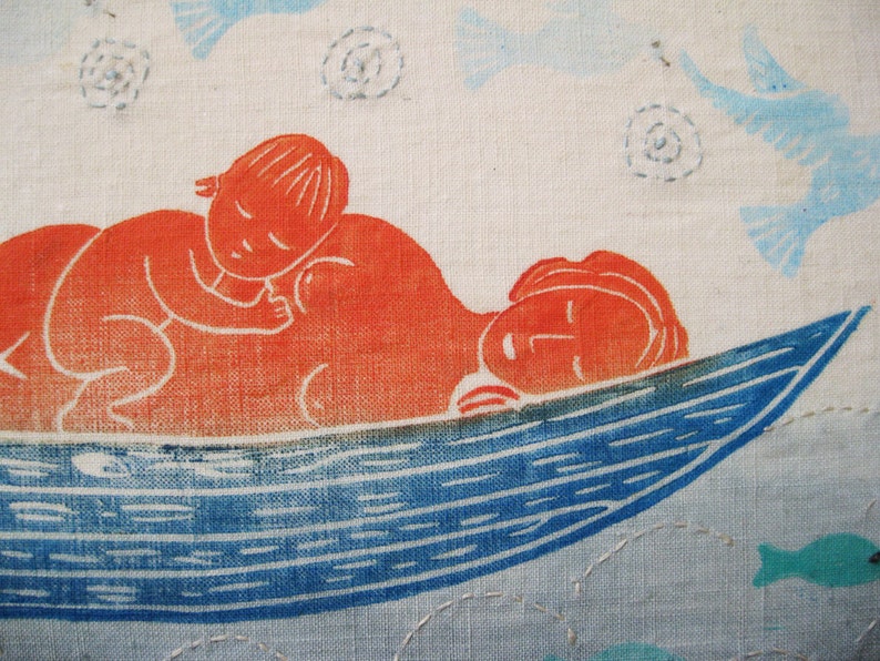 Mother and Baby Floating, original block print on linen canvas image 1