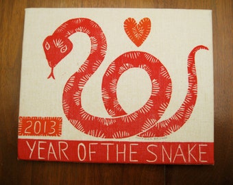 Year of the Snake, original linocut print on linen