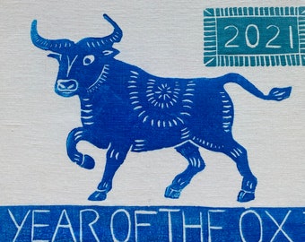 Year of the OX, original block print on linen canvas