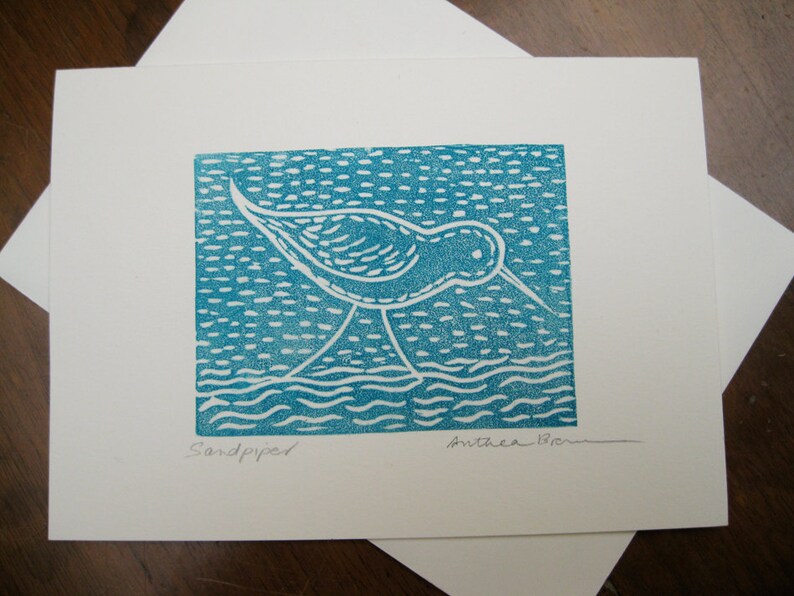 Sandpiper, linocut card, printmaking image 5