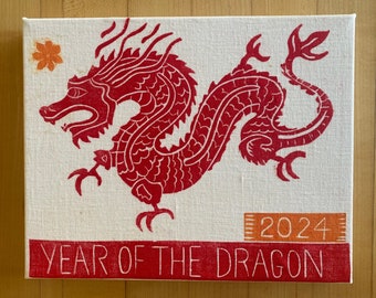 Year of The Dragon, linocut print on canvas