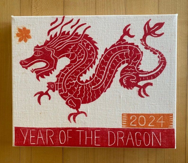 Year of The Dragon, linocut print on canvas image 1