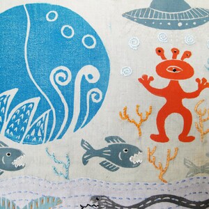 Space Boy Under the Sea, original block prints and hand embroidery