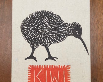 Kiwi Bird, Original Block Print On Linen Canvas
