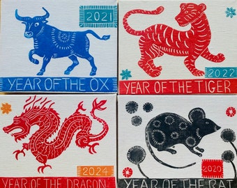 Year of the Dragon, Ox, Tiger, Rat, Rabbit or Dog, Original Block Prints on linen canvas