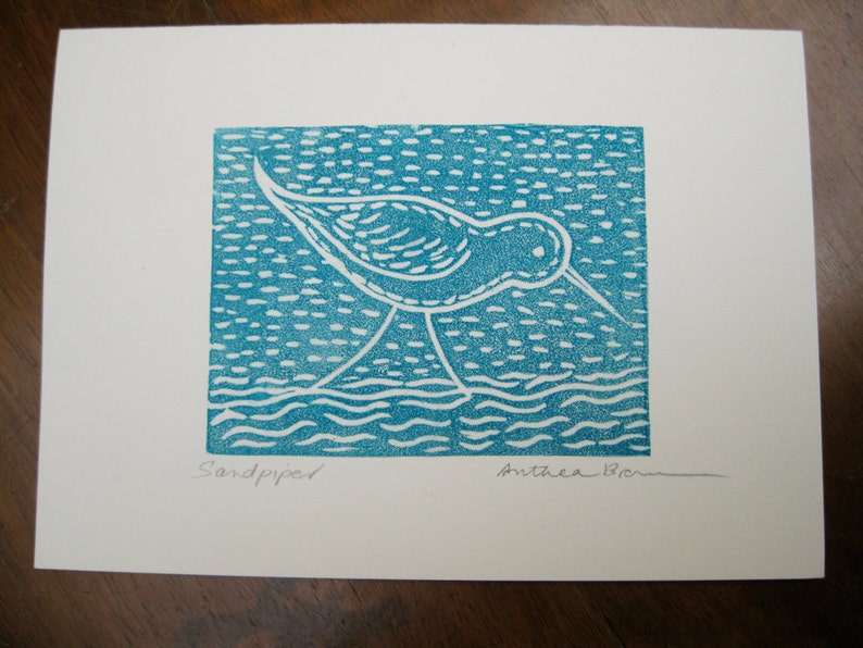 Sandpiper, linocut card, printmaking image 4