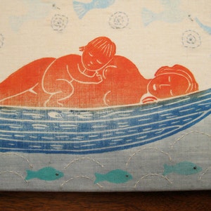 Mother and Baby Floating, original block print on linen canvas image 2