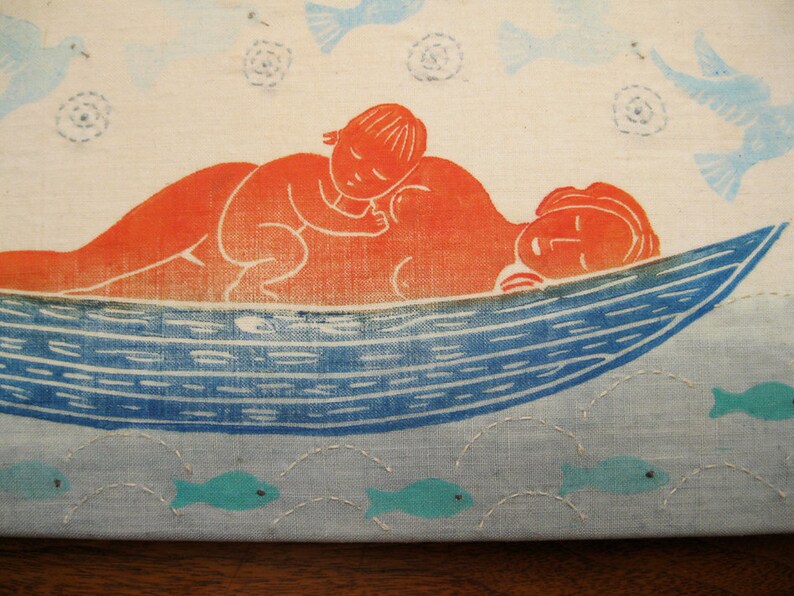 Mother and Baby Floating, original block print on linen canvas image 2