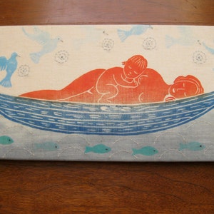 Mother and Baby Floating, original block print on linen canvas image 3