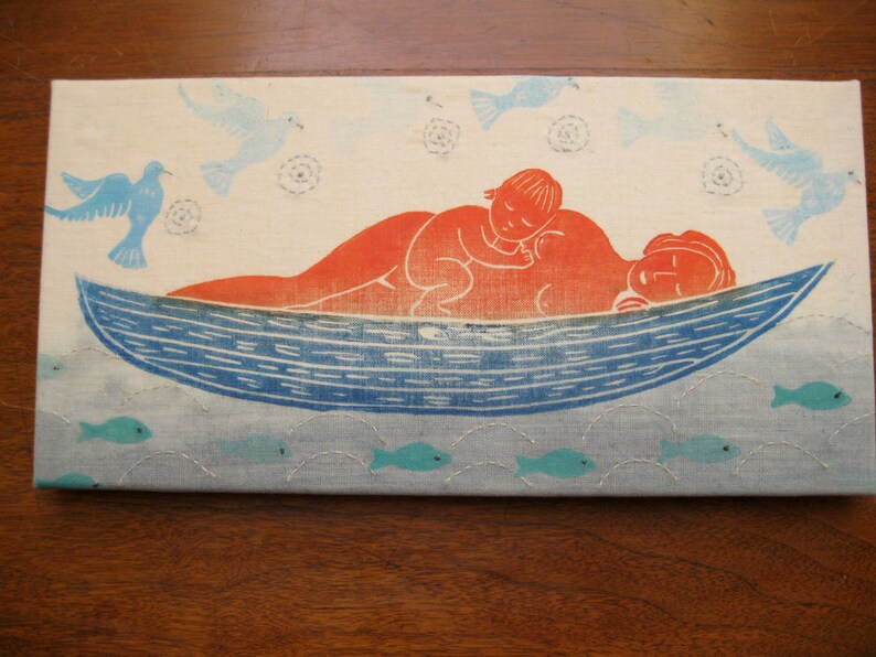 Mother and Baby Floating, original block print on linen canvas image 3