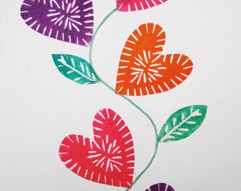 Love Grows, original block printed valentine, Anniversary card, printmaking