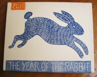Year of The Rabbit, original linocut print on canvas