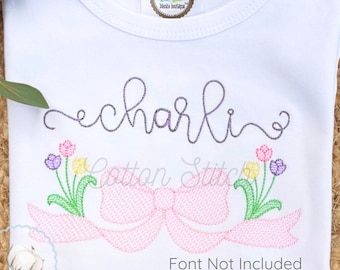 Spring Tulip Bow Sketch Stitch Machine Embroidery Design, Light Fill Quick Stitch Embroidery Design