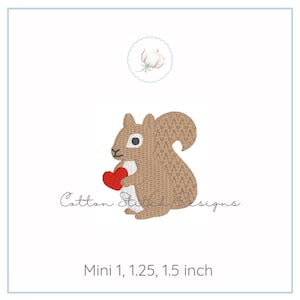 May include: Embroidered design of a squirrel holding a red heart. The squirrel is brown with a textured appearance, and the heart is a vibrant red. The design includes the text "Cotton Stitch Designs" and is available in sizes 1, 1.25, and 1.5 inches.