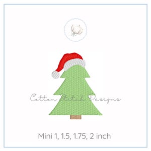 May include: A green Christmas tree design with a red and white Santa hat. The text "Cotton Stitch Designs" is below a small floral design. The text "Mini 1, 1.5, 1.75, 2 inch" is at the bottom.