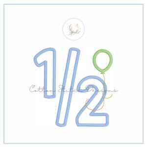 May include: A light blue outlined "1/2" design with a green balloon attached to the number 2. The design includes the text "Cotton Stitch Designs" in a cursive font. A cotton flower illustration is in the upper right corner.