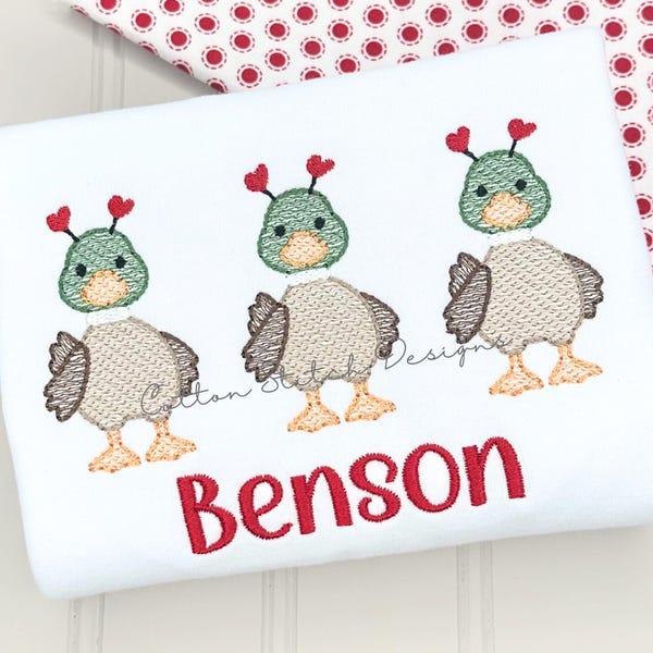Cute Valentine Mallard Duck Trio Sketch Stitch Machine Embroidery Design Digital Download