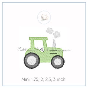 May include: A green tractor design with black wheels and a smokestack, emitting white puffs of smoke. The design includes the text "Cotton Stitch Designs" and the size options "Mini 1.75, 2, 2.5, 3 inch". A small circular image of a cotton plant is in the upper left.