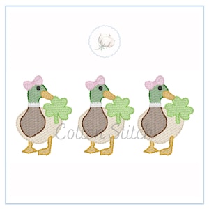 Mallard Shamrock Duck Bow Trio Sketch Stitch Machine Embroidery Design,  St. Patrick&#39;s Day Light Fill Quick Stitch Embroidery Design