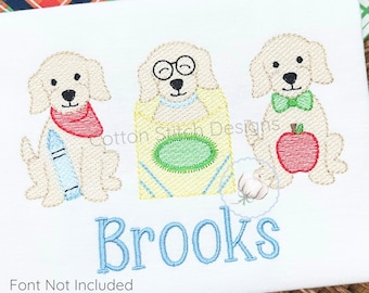 Back to School Puppy Trio Embroidery Design, School Puppies Quick Stitch Sketch Fill Design, Lab Dog Embroidery Design