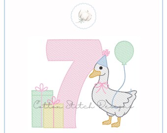 Goose Birthday Number Seven Sketch Stitch Machine Embroidery Design Digital Download