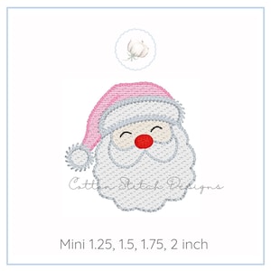 May include: Embroidered Santa Claus design with a pink hat, white beard, and a red nose. The design includes the text "Cotton Stitch Designs" and the sizes: Mini 1.25, 1.5, 1.75, 2 inch.