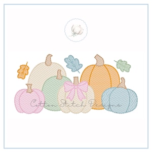 May include: An embroidered design featuring a collection of pumpkins in various pastel colors: pink, green, cream, yellow, and blue. A cream-colored pumpkin has a pink bow. The design includes embroidered leaves and the text "Cotton Stitch Designs".
