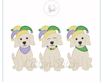 Mardi Gras Puppy Trio Sketch Embroidery Design (Digital Download)
