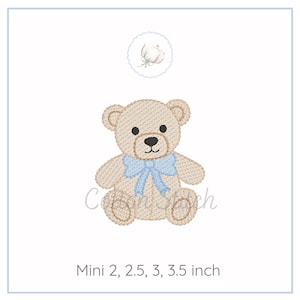 Mini Teddy Bear with Bow Sketch Stitch Machine Embroidery Design, Light Fill Quick Stitch Embroidery Design