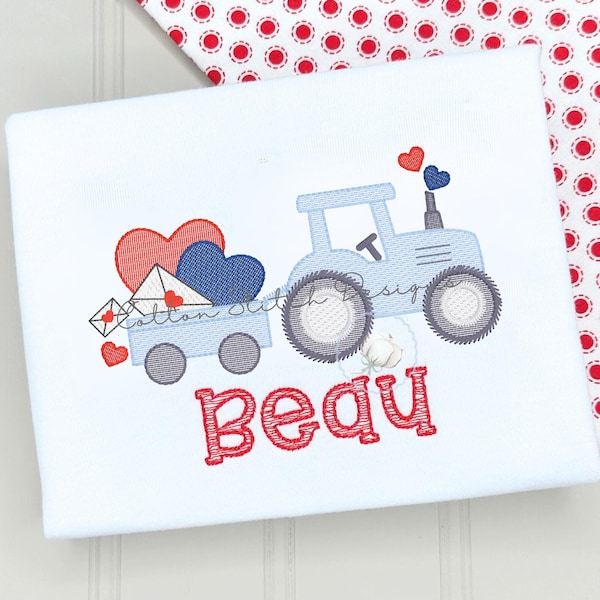 Valentine Hearts and Letters Farm Tractor Sketch Stitch Machine Embroidery Design Digital Download