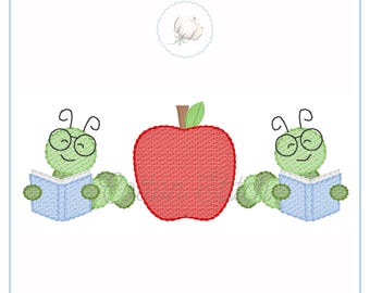 Bookworm with Apple Embroidery Design, Back to School Quick Stitch Sketch Fill Design, School Embroidery Design