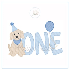 Puppy Birthday One Sketch Stitch Machine Embroidery Design, First Birthday Dog Light Fill Quick Stitch Embroidery Design