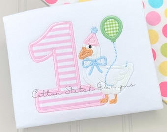 Birthday Goose First Birthday Satin Applique Machine Embroidery Design Digital Download