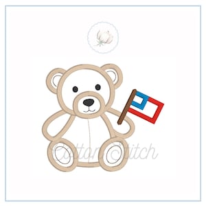 Patriotic Teddy Bear Applique Design, Bear with Flag Satin Stitch Applqiue Embroidery Design, Patriotic Embroidery Design