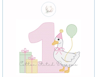 Goose Number One Birthday with Presents Sketch Stitch Machine Embroidery Design Digital Download