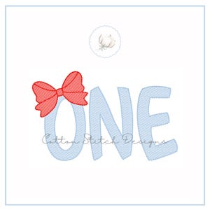 Pode incluir: Design bordado em azul claro com a palavra "ONE" e um laço vermelho. O texto "Cotton Stitch Designs" está abaixo. Um pequeno desenho floral no canto superior direito. Fundo branco.